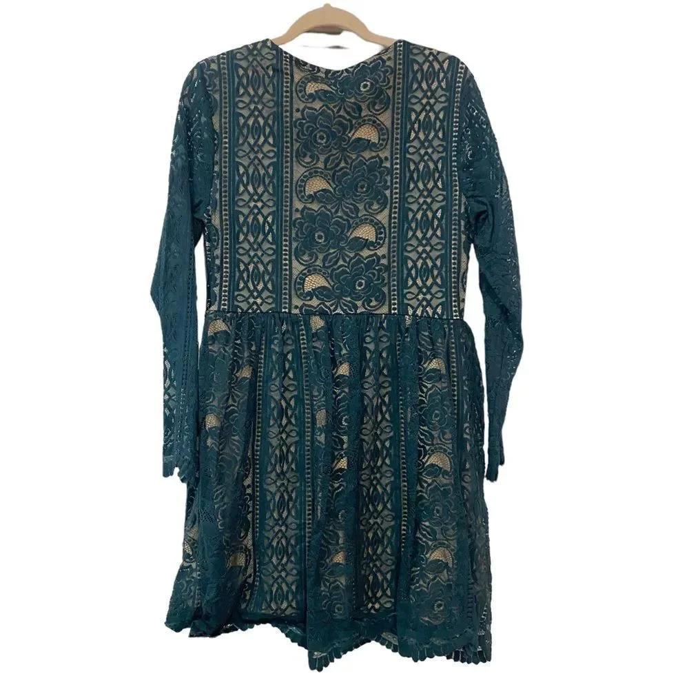 Green Christmas New Years Holliday Lace Bohemian Mini LongSleeved Elegant Dress